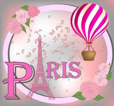 Romantik arka plan ile Eyfel Kulesi ve pembe güller.