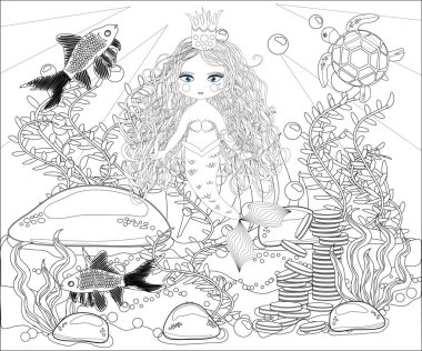 Güzel deniz kızı. Sualtı dünyasını. Anti stres kitap yetişkin renklendirme. Anahat çizim boyama sayfası. Siyah ve beyaz zentangle tarzı. Deniz kabukları. Deniz Tema.