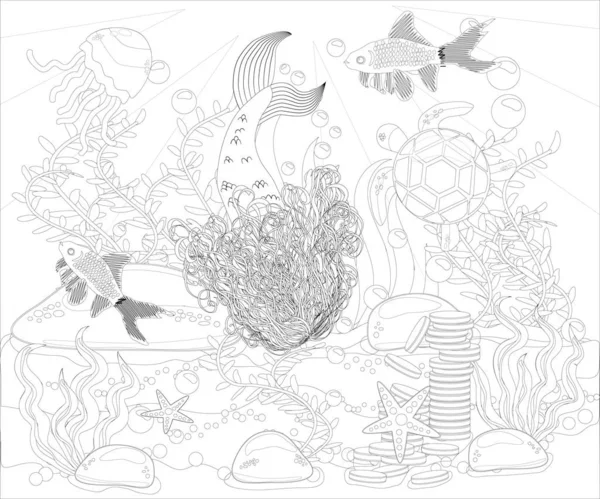 Malbuch Für Kinder Kleine Meerjungfrau Und Meereswelt — Stockvektor