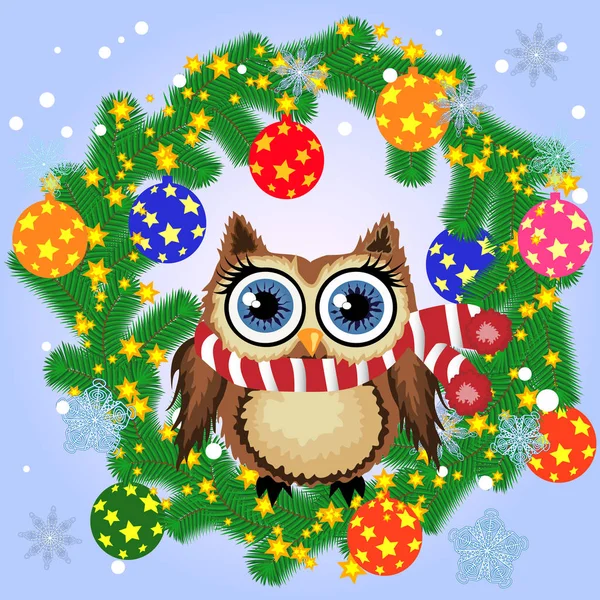 Fond Noël Avec Hibou Flocons Neige Branches Conifères Décoré Boules — Image vectorielle