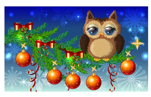 Lovely Cartoon Owl Tangled Garland Glowing Light Bulbs Spruce Branch — Stock Vector