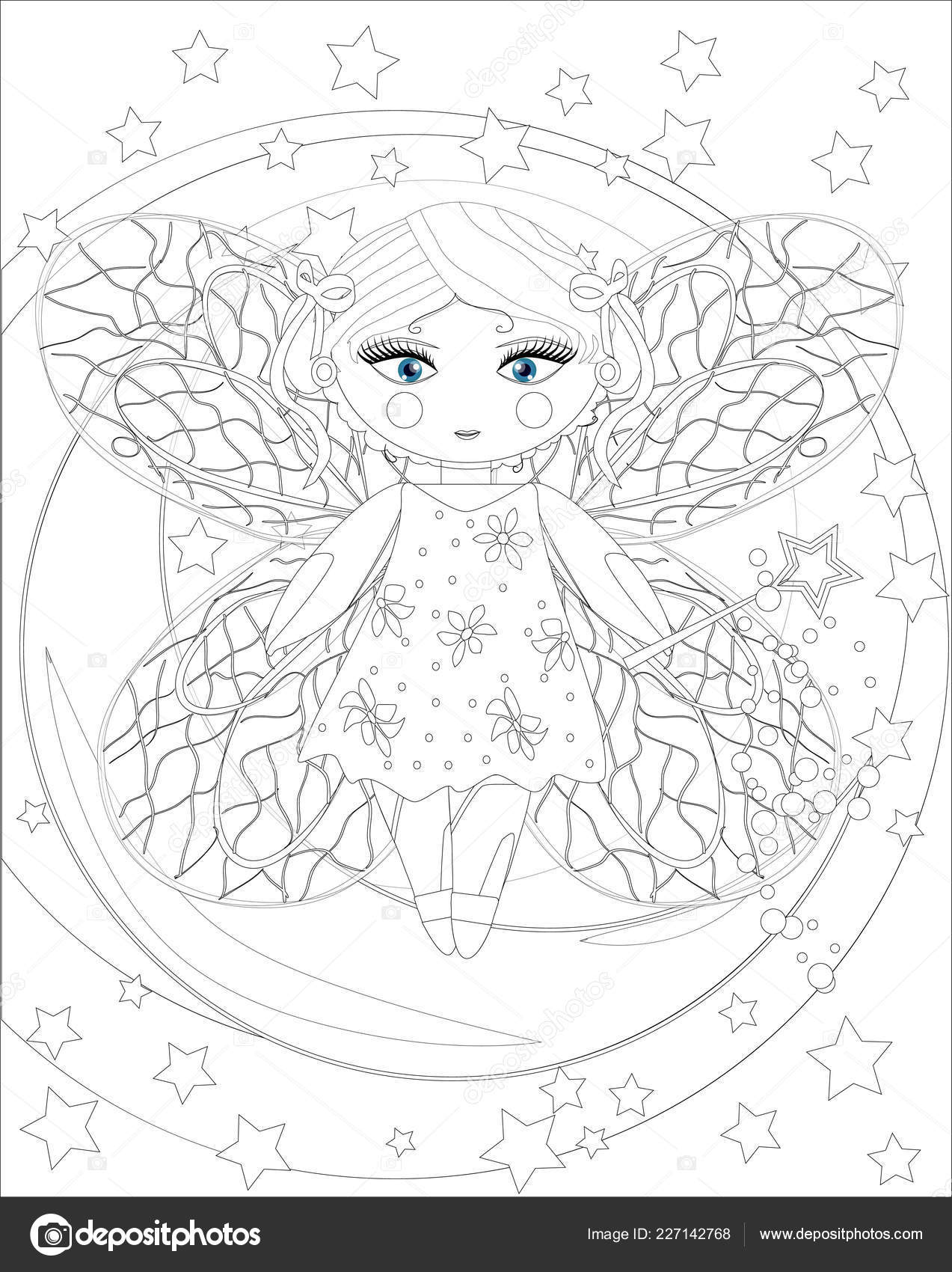Cute Fairy Girl Moon Sketch Postcard Print Coloring Adult