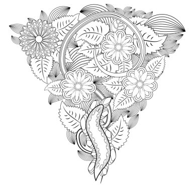 Doodle çiçek desenli siyah ve beyaz. Boyama kitabı için sayfa: çocuklar ve yetişkinler için çok ilginç ve rahatlatıcı iş. Zentangle çizim. Sihirli Bahçe çiçek halı