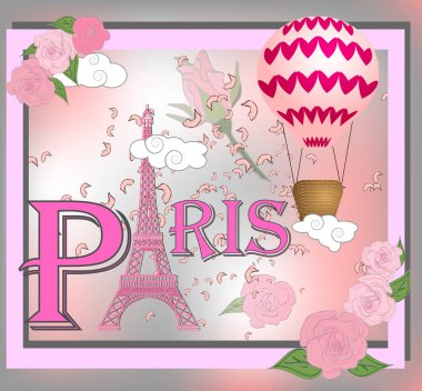 Romantik arka plan ile Eyfel Kulesi ve pembe güller.