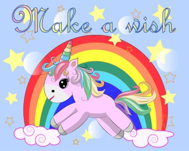 Bir gökkuşağı üzerinde pembe tek boynuzlu at. Çocuk illüstrasyon, masal karakteri, hayalperest. Yazıt bir dilek