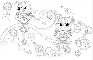 Yetişkin yaş ve üstü çocuklar için boyama kitabı. Şirin baykuş ve çerçeve çiçek boyama sayfası. Zentangle tarzında çizim anahat