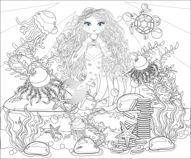 Çocuklar için boyama kitabı: küçük deniz kızı ve deniz dünya