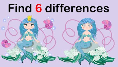 Eğitim okul öncesi çocuklar için oyun farkları bul. Bir dizi inci ile güzel deniz kızı. Karikatür çizim.