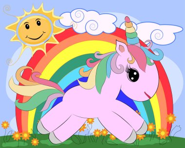 Bir çayır çiçek, gökkuşağı, Güneş ile üzerinde pembe tek boynuzlu at. Çocuk illüstrasyon, masal karakteri, hayalperest