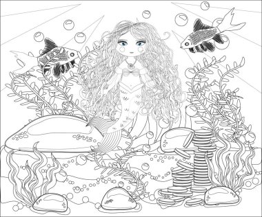 Güzel deniz kızı. Sualtı dünyasını. Anti stres kitap yetişkin renklendirme. Anahat çizim boyama sayfası. Siyah ve beyaz zentangle tarzı. Deniz kabukları. Deniz Tema.