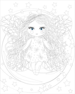 ay sevimli peri kız. Robot resim, kartpostal, baskı, stres kitap yetişkin renklendirme. Boho zen sanat stil doodle.