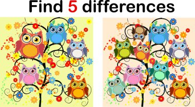 Karikatür çizimi baykuşlar olan çocuklar için eğitim etkinliği oyun farkları bul