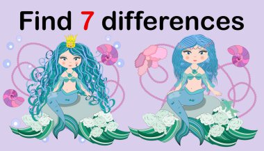 Eğitim okul öncesi çocuklar için oyun farkları bul. Bir dizi inci ile güzel deniz kızı. Karikatür çizim.