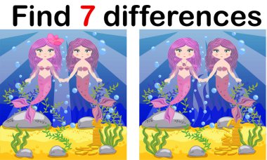 Farklılıklar, çocuklar, karikatür tarzı sualtı deniz kızı, çocuk, okul öncesi çalışma sayfası etkinlik, mantıksal düşünme geliştirilmesi için görev için eğitim oyun için oyun bulmak