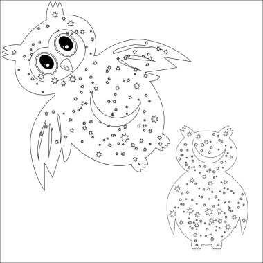 Sayfa simgesi ay, Güneş, baykuş boyama. boyama kitabı yetişkin, antistress, albüm, duvar duvar resmi, sanat için dövme. Siyah ve beyaz anahat illüstrasyon.