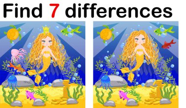Farklılıklar, çocuklar, karikatür tarzı sualtı deniz kızı, çocuk, okul öncesi çalışma sayfası etkinlik, mantıksal düşünme geliştirilmesi için görev için eğitim oyun için oyun bulmak