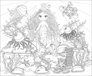 Beautiful mermaid. Underwater world. Anti stress coloring book for adult. Outline drawing coloring page. Black and white in zentangle style. Sea, shells. Marine theme. clipart