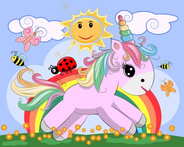 Bir çayır çiçek, gökkuşağı, Güneş ile üzerinde pembe tek boynuzlu at. Çocuk illüstrasyon, masal karakteri, hayalperest