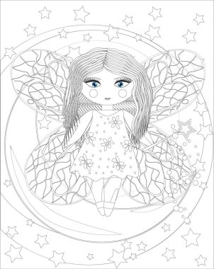 ay sevimli peri kız. Robot resim, kartpostal, baskı, stres kitap yetişkin renklendirme. Boho zen sanat stil doodle.