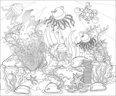 Güzel deniz kızı. Sualtı dünyasını. Anti stres kitap yetişkin renklendirme. Anahat çizim boyama sayfası. Siyah ve beyaz zentangle tarzı. Deniz kabukları. Deniz Tema.