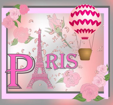 Romantik arka plan ile Eyfel Kulesi ve pembe güller.