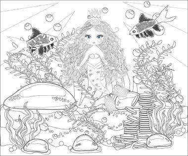 Çocuklar için boyama kitabı: küçük deniz kızı ve deniz dünya