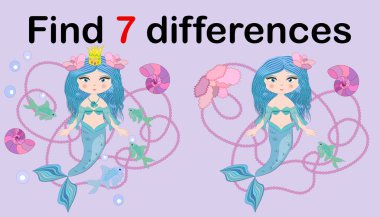 Eğitim okul öncesi çocuklar için oyun farkları bul. Bir dizi inci ile güzel deniz kızı. Karikatür çizim.