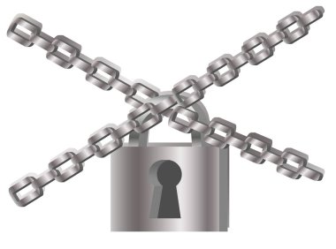 Gri metal zincir ve asma kilit, kelepçeli kartı, illüstrasyon