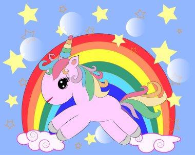 Bir gökkuşağı üzerinde pembe tek boynuzlu at. Çocuk illüstrasyon, masal karakteri, hayalperest