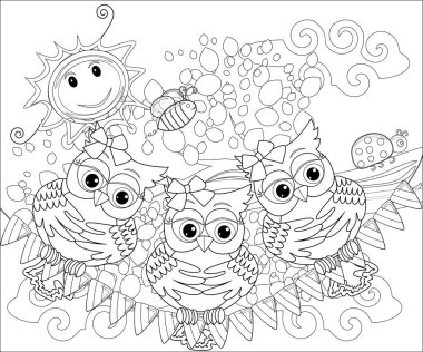 Yetişkin yaş ve üstü çocuklar için boyama kitabı. Şirin baykuş ve çerçeve çiçek boyama sayfası. Zentangle tarzında çizim anahat