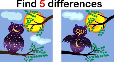 Karikatür çizimi baykuşlar olan çocuklar için eğitim etkinliği oyun farkları bul