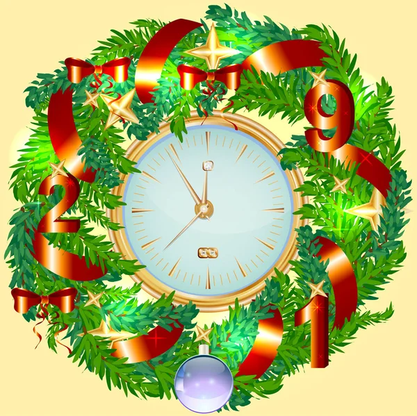 Corona Navidad Realista Reloj Oro Aislado Fondo Bolas Rojas Navidad — Archivo Imágenes Vectoriales