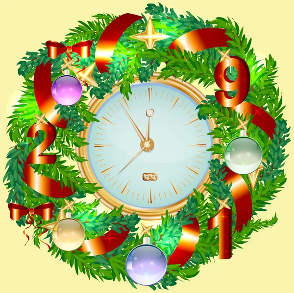 Corona Navidad Realista Reloj Oro Aislado Fondo Bolas Rojas Navidad — Archivo Imágenes Vectoriales