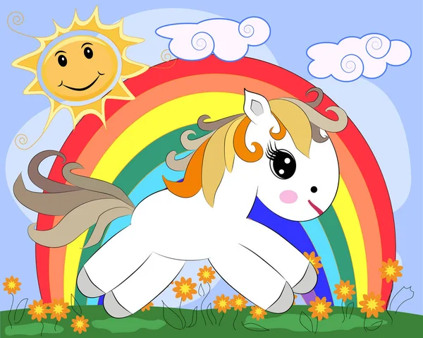 Bílá Pony Mýtině Květinami Rainbow Slunce Dětské Ilustrace Pohádková Postava — Stockový vektor