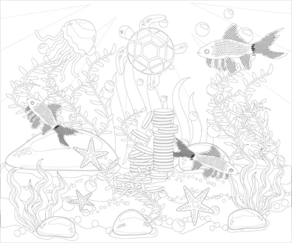 Underwater World Stress Coloring Book Adult Outline Drawing Coloring Page — Stock Vector