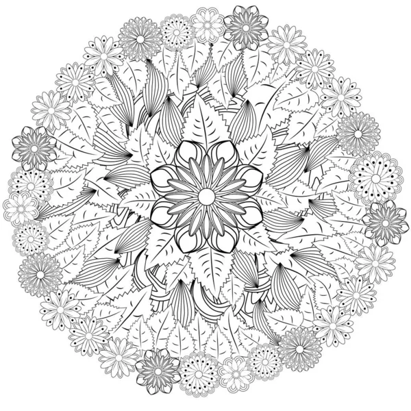 Ornement Fleurs Cercle Noir Blanc Dentelle Ronde Ornementale Mandala Floral — Image vectorielle