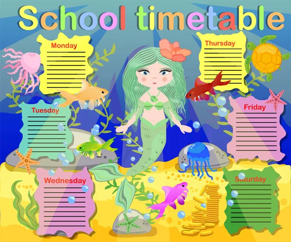 Calendario Con Giorni Settimane Scuola Programma Bambini Con Sirena Tartaruga — Vettoriale Stock