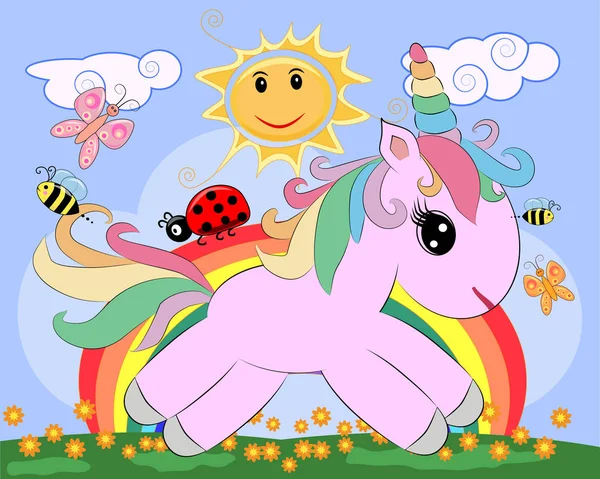 Unicornio Rosa Prado Con Flores Arco Iris Sol Ilustración Infantil — Vector de stock