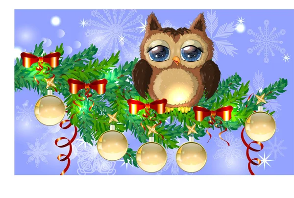 可爱的卡通猫头鹰 在一个装饰着球 花环的云杉树枝上缠绕着发光灯泡的花环 圣诞贺卡 — 图库矢量图片