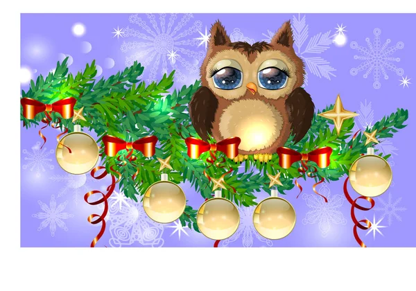 スプルースの枝で光る電球のガーランドに絡まって素敵な漫画フクロウは ボール 花輪で飾られました クリスマス カード — ストックベクタ