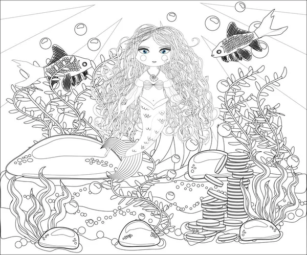 Schöne Meerjungfrau Unterwasserwelt Stress Malbuch Für Erwachsene Umriss Zeichnung Malvorlage — Stockvektor