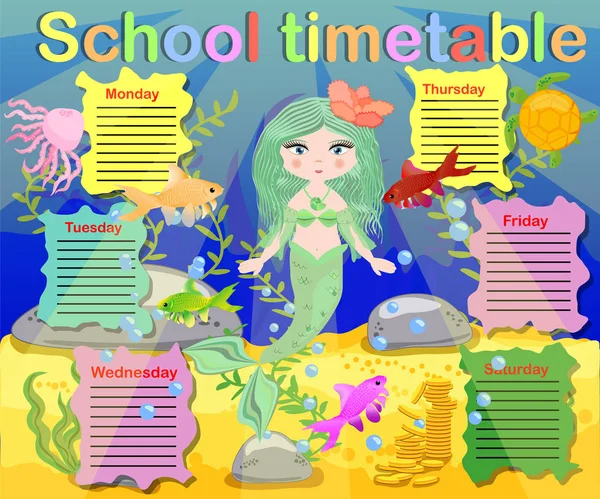 Calendario Con Giorni Settimane Scuola Programma Bambini Con Sirena Tartaruga — Vettoriale Stock
