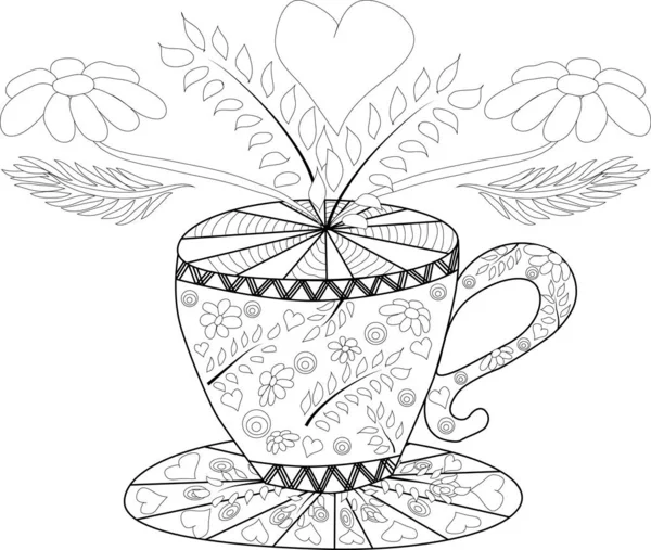 Kézzel Dolgozzon Vektoros Kifestőkönyv Felnőtt Teatime Csésze Tea Gyümölcsök Virágok — Stock Vector