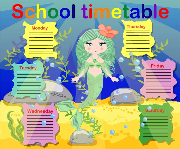 Calendario Con Giorni Settimane Scuola Programma Bambini Con Sirena Tartaruga — Vettoriale Stock