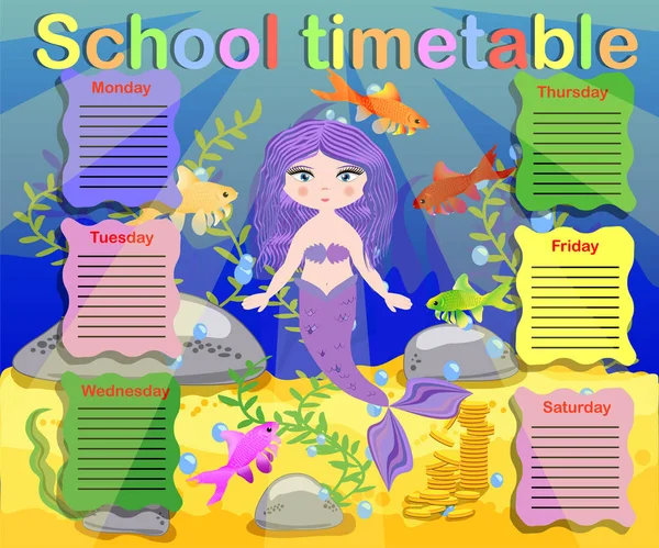 Calendario Con Giorni Settimane Scuola Programma Bambini Con Sirena Tartaruga — Vettoriale Stock