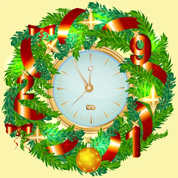 Corona Navidad Realista Reloj Oro Aislado Fondo Bolas Rojas Navidad — Archivo Imágenes Vectoriales