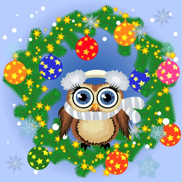 Fond Noël Avec Hibou Flocons Neige Branches Conifères Décoré Boules — Image vectorielle