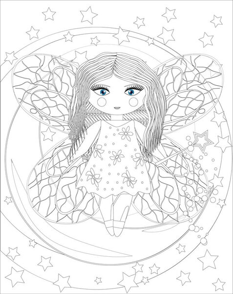 cute fairy girl on moon.Sketch, postcard, print, coloring adult anti stress book. Boho zen art style doodle.