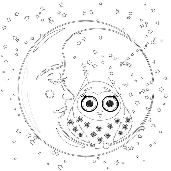 stock vector Coloring book for adult and older children. Coloring page with an owl on the moon among the stars.