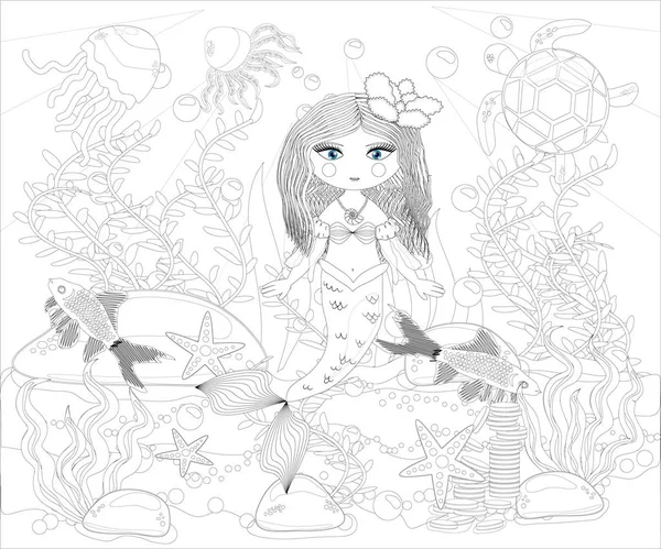 Beautiful Mermaid Underwater World Stress Coloring Book Adult Outline Drawing — Stock Vector